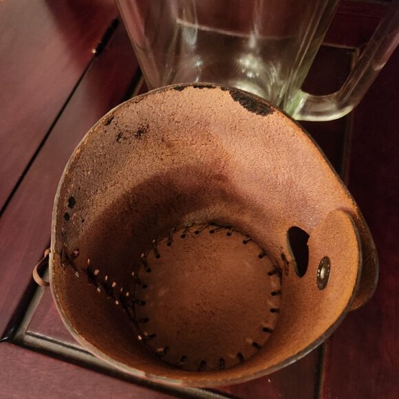 Vintage Green Glass Beer Pitcher With Handcrafted Leather Horse Design Wrap - Picture 6 of 14